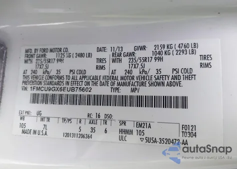 2014 Ford Escape Se from USA, damaged, VIN 1FMCU9GX6EUB75602
